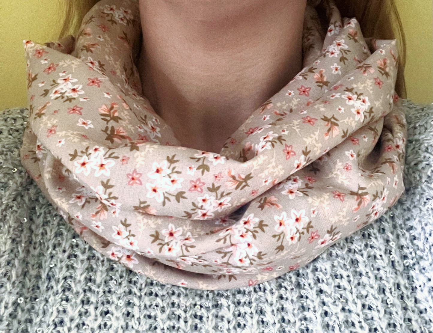 Ditsy Flowers Beige 100% Viscose Infinity Scarf