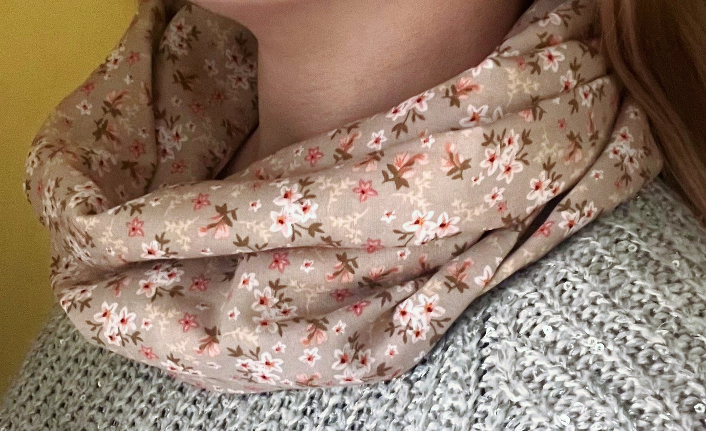 Ditsy Flowers Beige 100% Viscose Infinity Scarf