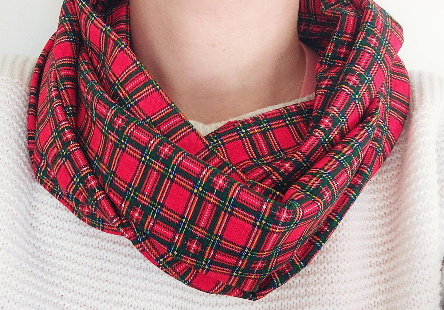 Red Tartan 100% Knitted Cotton Infinity Scarf