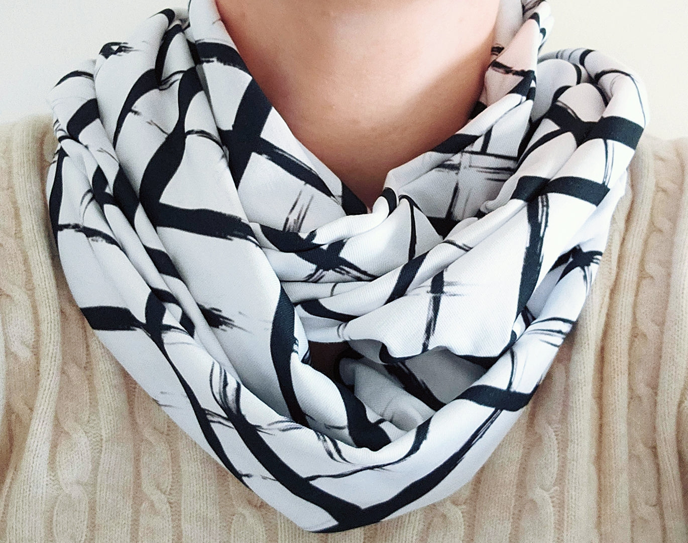 Lines Black and White Premium Print 100% Knitted Cotton Infinity Scarf