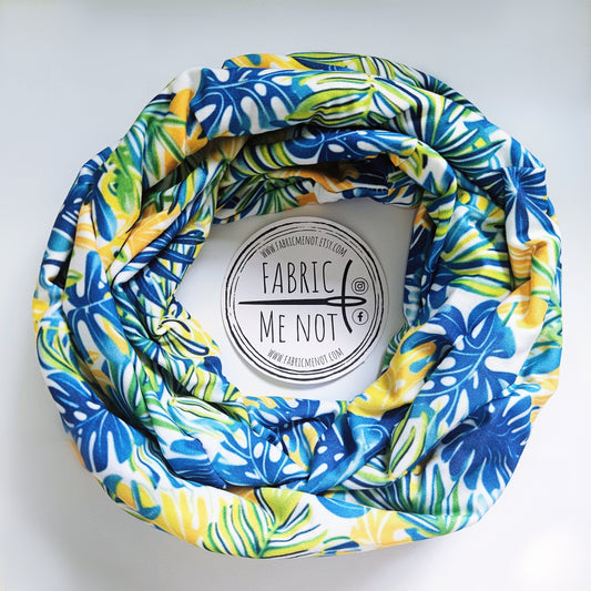 Palm Leaves Blue and Yellow Premium Print 100% Knitted Cotton Infinity Scarf