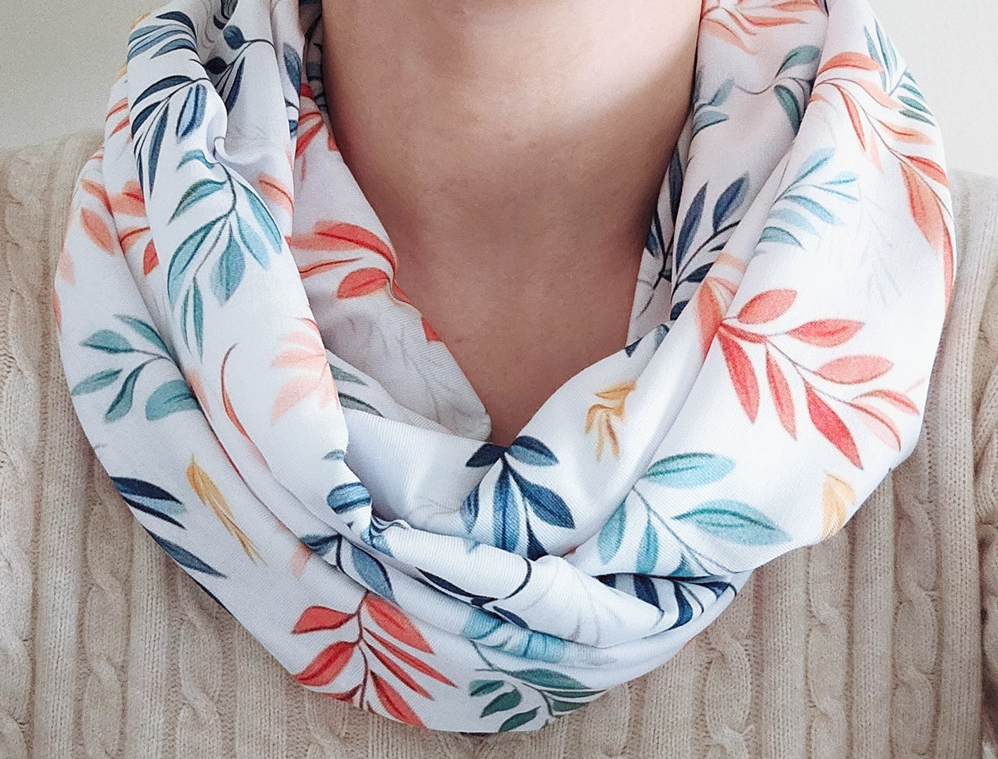 Gentle Leaves Orange Green Premium Print 100% Knitted Cotton Infinity Scarf