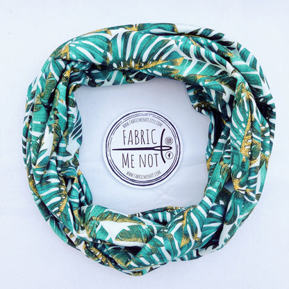 Monstera Leaves on White 100% Knitted Cotton Infinity Scarf