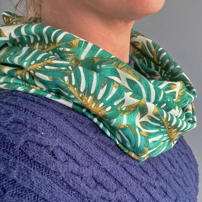 Monstera Leaves on White 100% Knitted Cotton Infinity Scarf