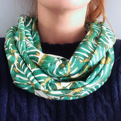 Monstera Leaves on White 100% Knitted Cotton Infinity Scarf