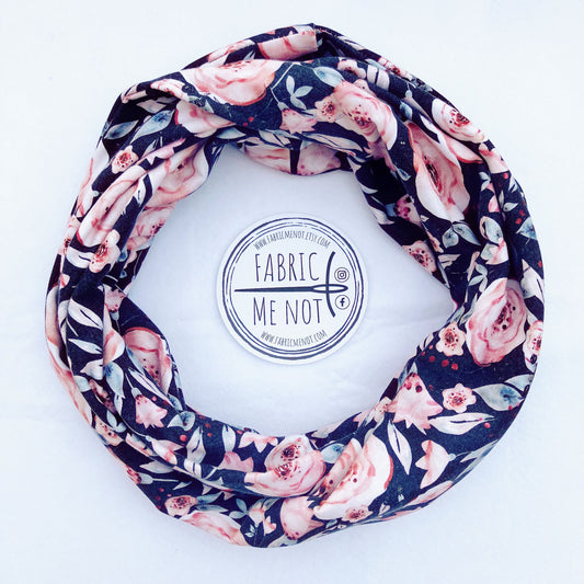 Rose on Black 100% Knitted Cotton Infinity Scarf