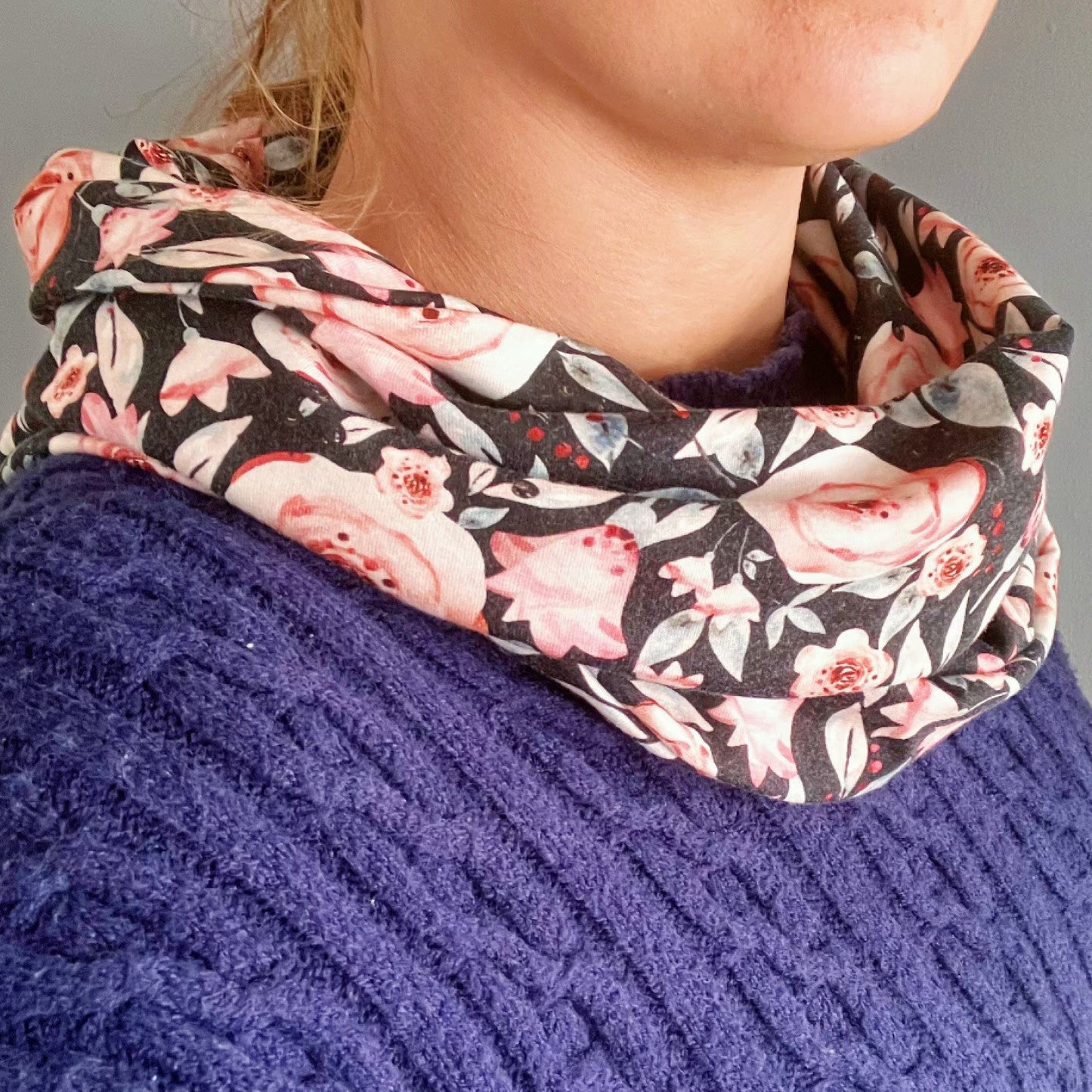 Rose on Black 100% Knitted Cotton Infinity Scarf