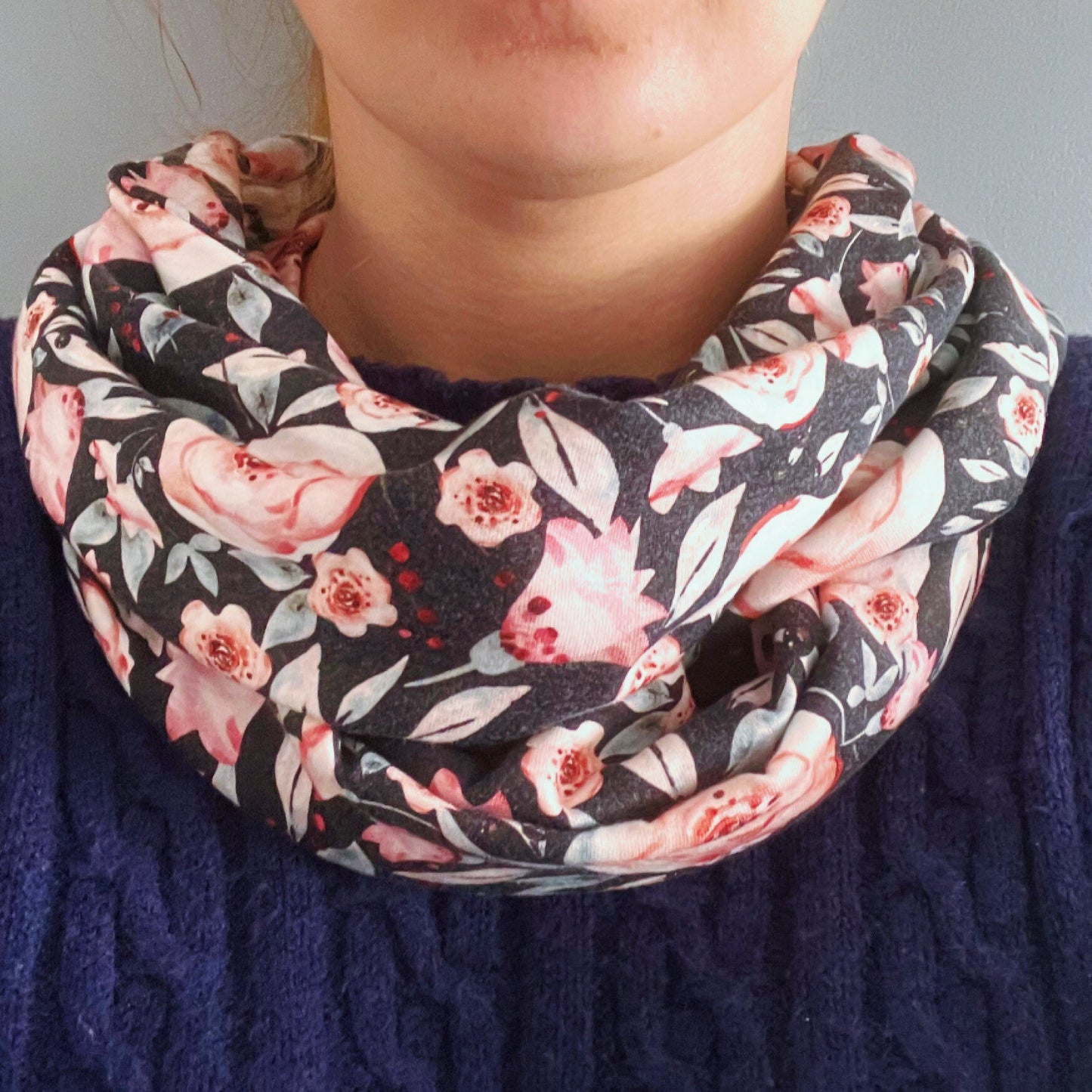 Rose on Black 100% Knitted Cotton Infinity Scarf