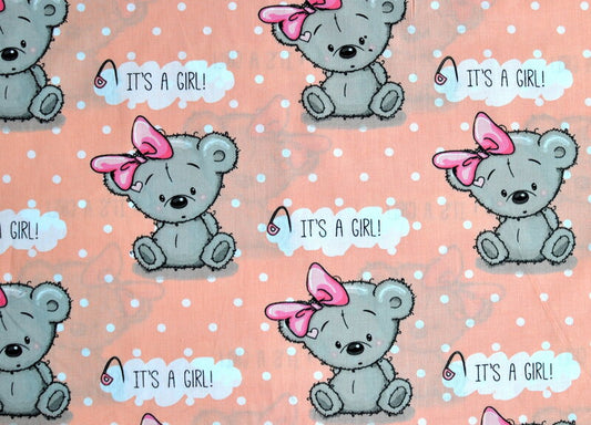 It's a Girl Bear 100% Cotton 68cm x 160cm Piece