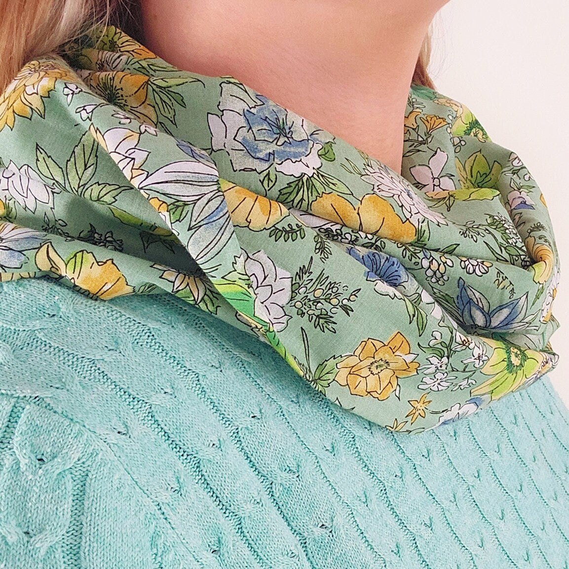 Green Flower Spring Infinity Scarf 100% Cotton Poplin | Soft and Light | Gift Ideas | Gift For Her