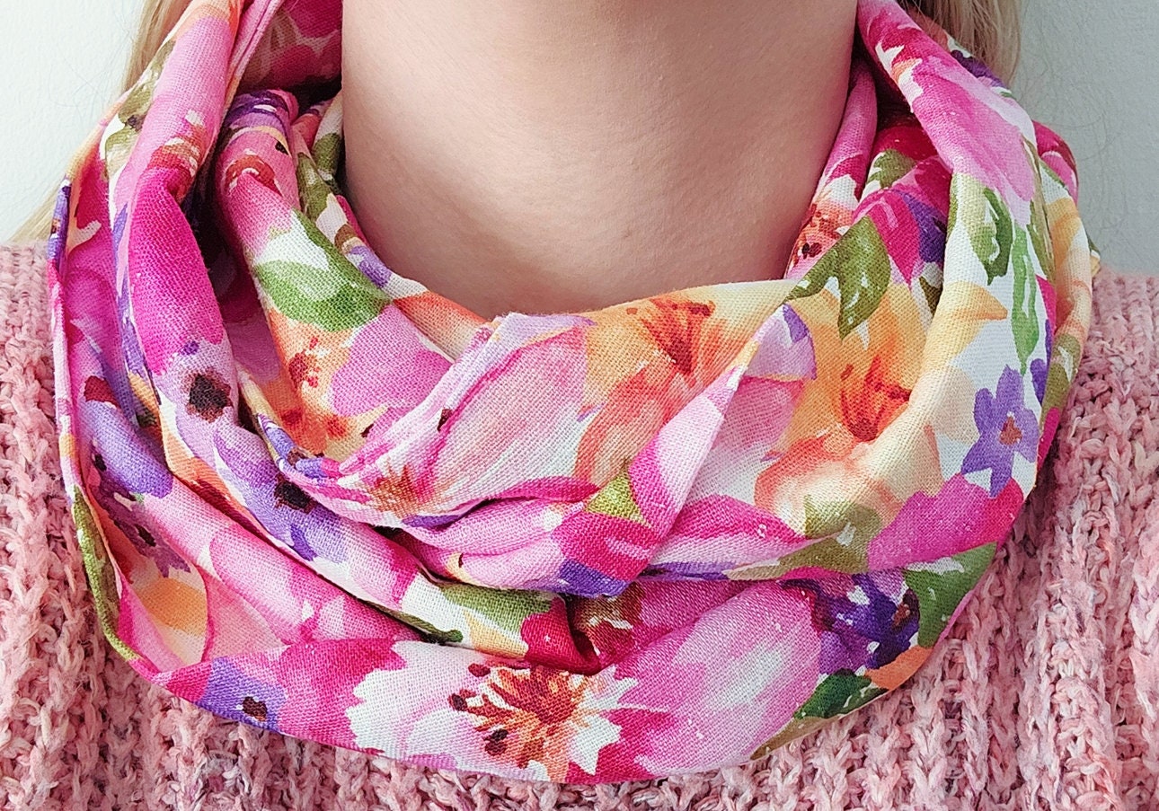 Bright Pink Blooms Flower Spring Infinity Scarf Linen/Viscose Blend | Gift Ideas | Gift For Her