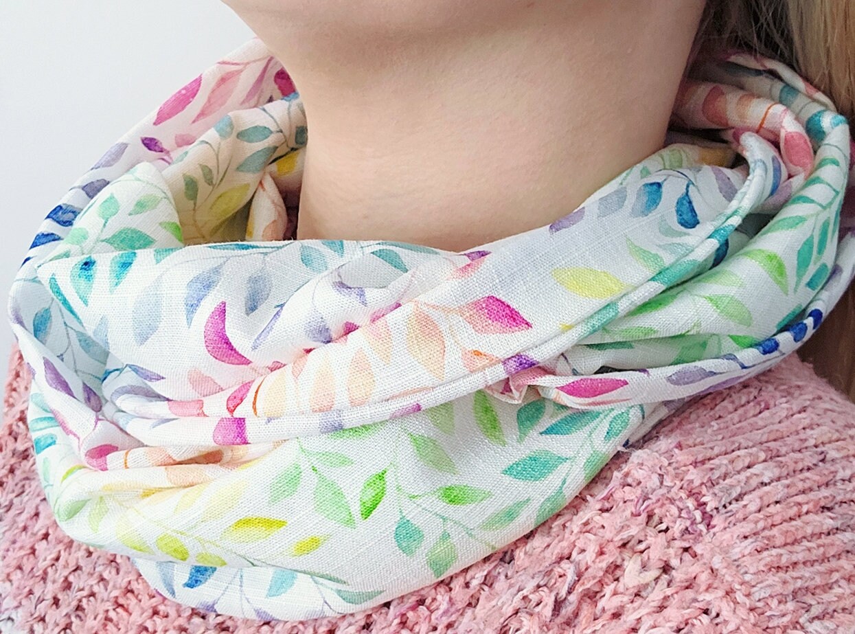 Multicoloured Leaves Spring Infinity Scarf Linen/Viscose Blend | Gift Ideas | Gift For Her