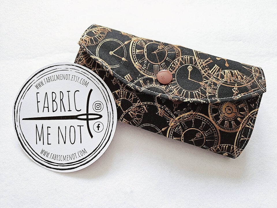 Handmade Sunglasses/ Glasses Case | Etui | Holder | Pouch 100% Cotton with Snap Fastening | Clocks