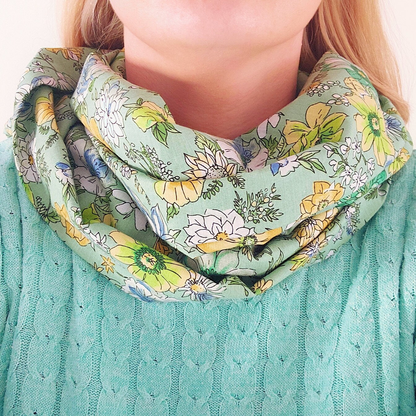 Green Flower Spring Infinity Scarf 100% Cotton Poplin | Soft and Light | Gift Ideas | Gift For Her