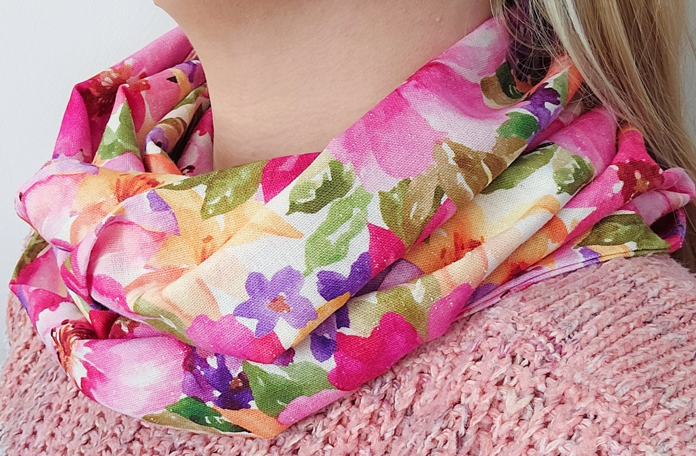 Bright Pink Blooms Flower Spring Infinity Scarf Linen/Viscose Blend | Gift Ideas | Gift For Her