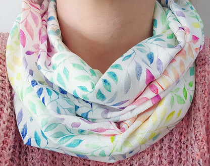 Multicoloured Leaves Spring Infinity Scarf Linen/Viscose Blend | Gift Ideas | Gift For Her