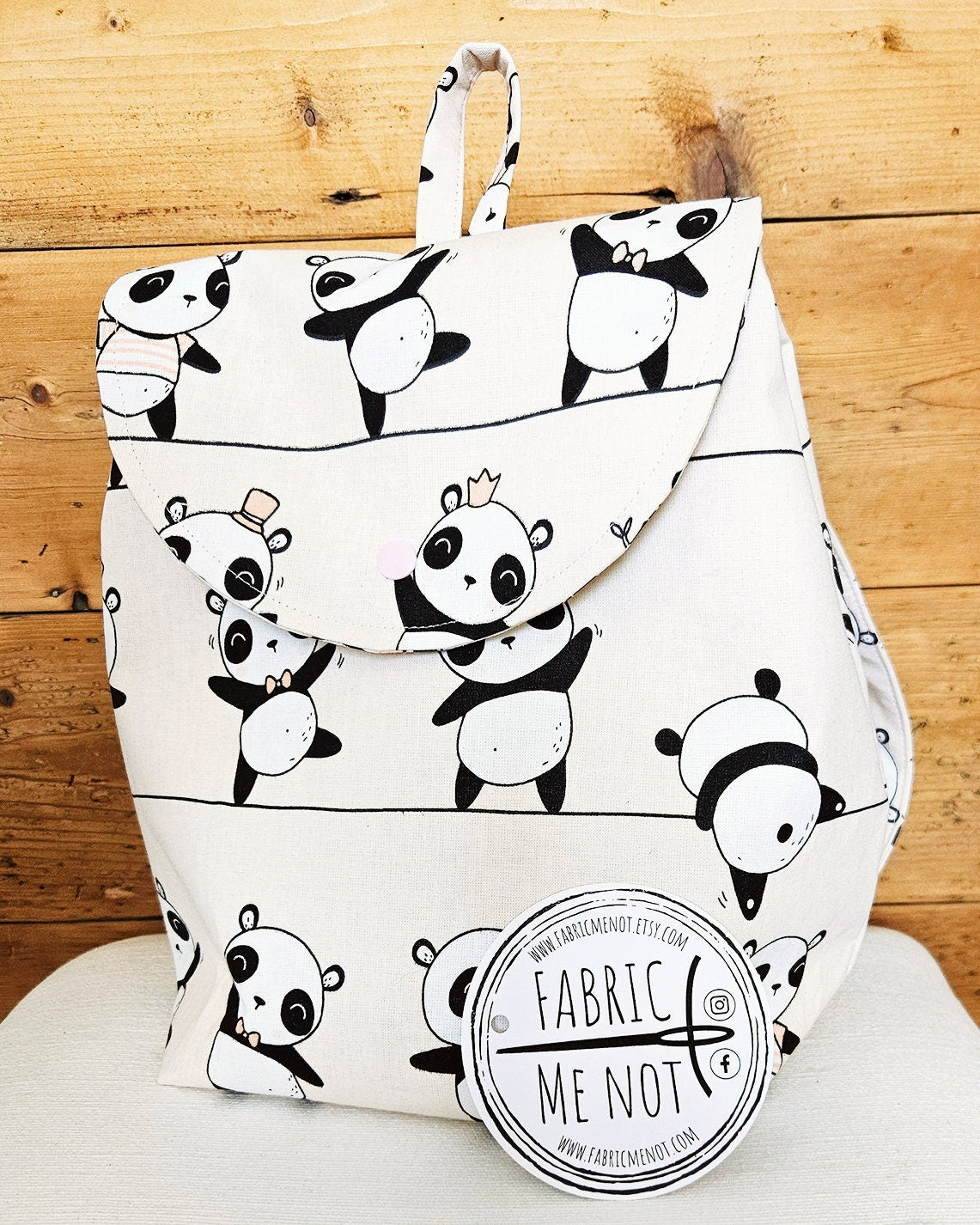 Handmade Lined Backpack with Snap Straps | 22cm x 28cm | Panda Design | Gift Ideas