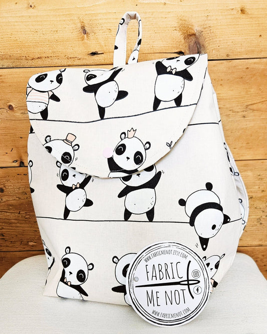 Handmade Lined Backpack with Snap Straps | 22cm x 28cm | Panda Design | Gift Ideas