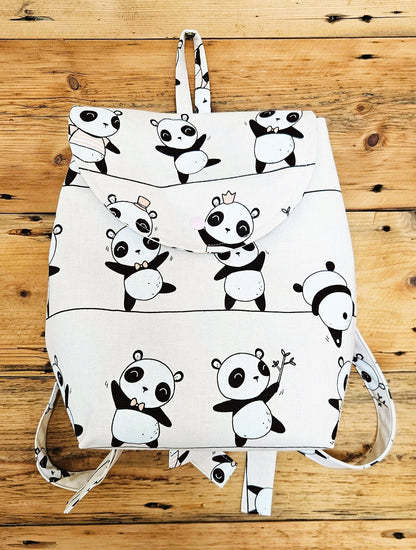 Handmade Lined Backpack with Snap Straps | 22cm x 28cm | Panda Design | Gift Ideas