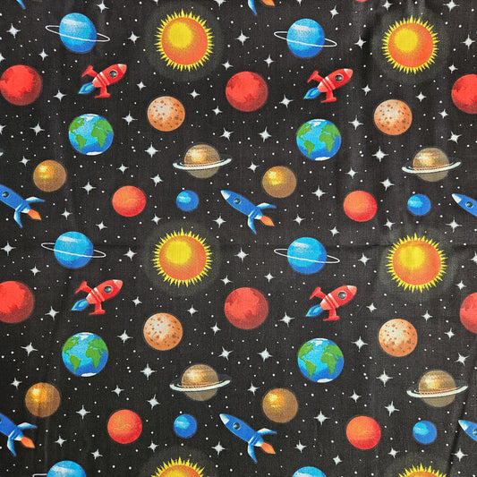 Planets on Black Background 100% Cotton Fabric Sold by Half a Meter