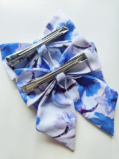 Handmade Bow Tie Clip with Tails | Blue Flower Design | Pack of 2