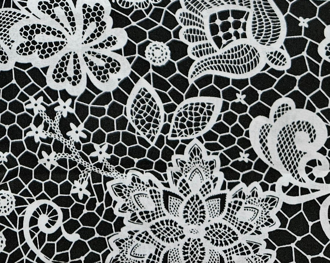 White Lace Look Flowers on Black 100% Cotton 50cm x 160cm Piece