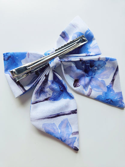 Handmade Bow Tie Clip with Tails | Blue Flower Design | Pack of 2