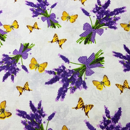 Lavender Bouquet and Butterflies 100% Cotton 88cm x 160cm Piece